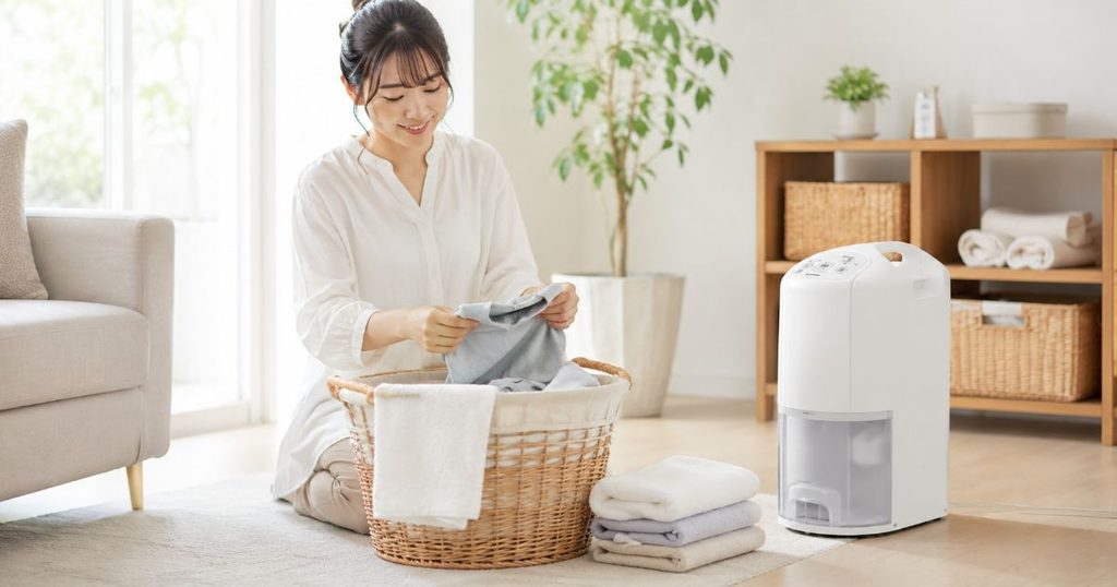 洗濯物をたたむ生活空間のそばにCD-P6326を置いた様子