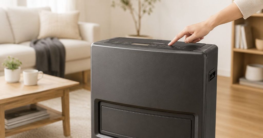 石油ファンヒーターの操作部に触れる手元